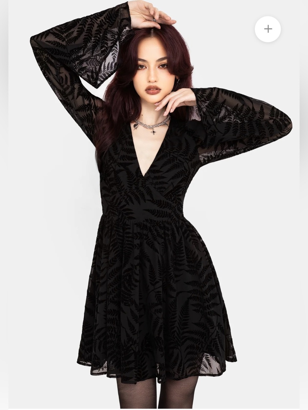 NWT Disturbia Lunafern Fern Leaf Flocked Mesh Flute Sleeve Black Mini Dress Sz 6